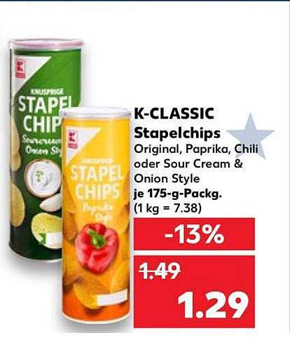 K-CLASSIC Stapelchips Original, Paprika, Chili oder Sour Cream & Onion Style je 175-g-Packg. (1 kg = 7.38)