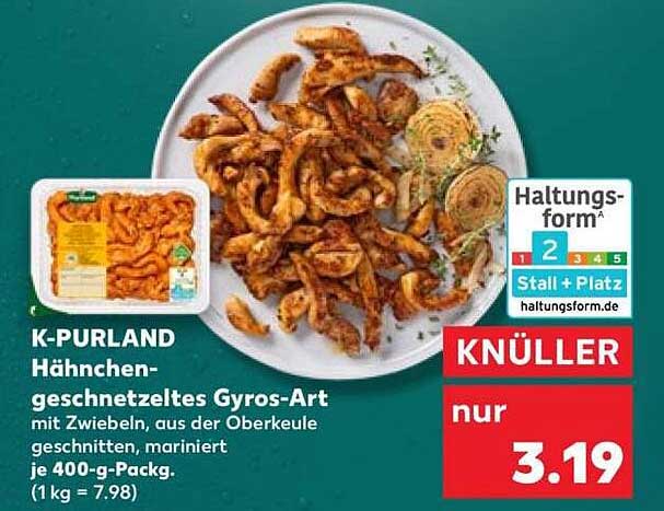K-PURLAND Hähnchen-geschnetzeltes Gyros-Art mit Zwiebeln, aus der Oberkeule geschnitten, mariniert je 400-g-Packg. (1 kg = 7.98)
