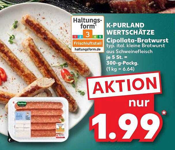 K-PURLAND WERTSCHÄTZE Cipollata-Bratwurst typ. ital. kleine Bratwurst aus Schweinefleisch je 5 St. = 300-g-Packg. (1 kg = 6.64)