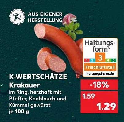 K-WERTSCHÄTZE Krakauer im Ring, herzhaft mit Pfeffer, Knoblauch und Kümmel gewürzt je 100 g