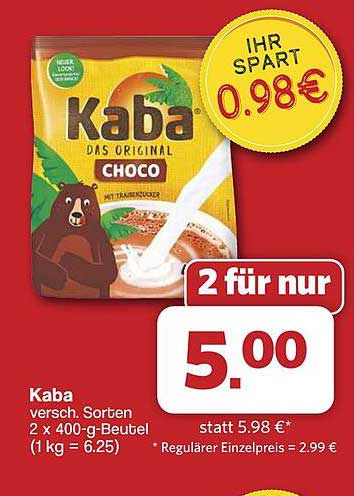 Kaba versch. Sorten 2 x 400-g-Beutel (1 kg = 6.25)