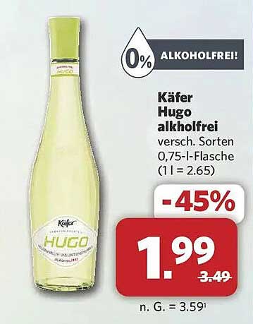 Käfer Hugo alkoholfrei versch. Sorten 0,75-l-Flasche (1 l = 2.65)