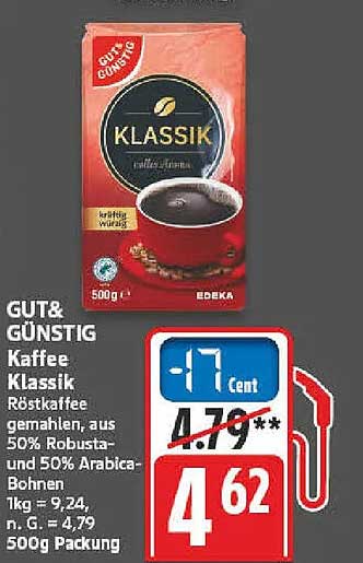 Kaffee Klassik Röstkaffee gemahlen, aus 50% Robusta- und 50% Arabica-Bohnen