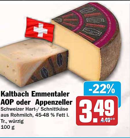 Kaltbach Emmentaler AOP oder Appenzeller Schweizer Hart-/Schnittkäse aus Rohmilch, 45-48 % Fett i. Tr., würzig 100 g