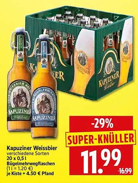 Kapuziner Weissbier verschiedene Sorten 20 x 0,5 l Bügelmehrwegflaschen (1 l = 1.20 €) je Kiste + 4.50 € Pfand