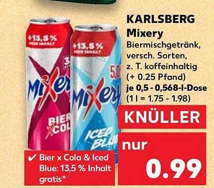 KARLSBERG Mixery Biermixgetränk, versch. Sorten, z. T. koffeinhaltig (+ 0,25 Pfand) je 0,5 -0,568-I-Dose (1 l = 1.75 - 1.98)