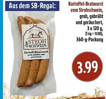 Kartoffel-Bratwurst vom Strohschwein, grob, gebrüht und geräuchert, 3 x 120 g, 1 kg = 
10,08, 360-g-Packung
