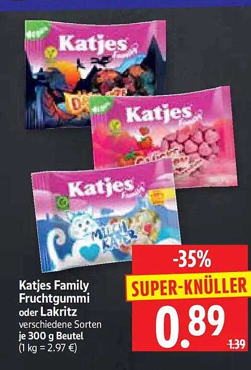 Katies Family Fruchtgummi oder Lakritz verschiedene Sorten je 300 g Beutel (1 kg = 2.97 €)