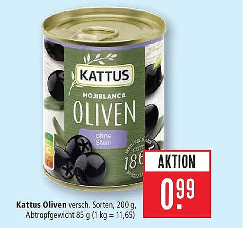 Kattus Oliven versch. Sorten, 200 g, Abtropfgewicht 85 g (1 kg = 11,65)