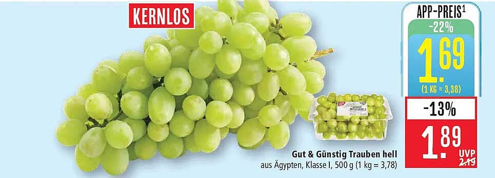 KERNLOS Gut & Günstig Trauben hell aus Ägypten, Klasse I, 500 g (1 kg = 3,78)
