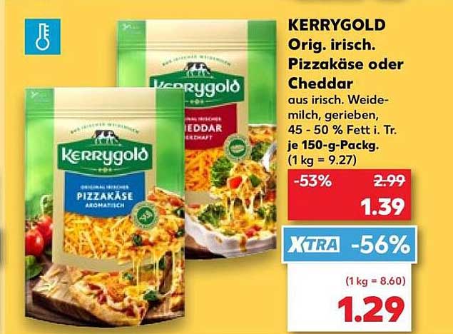 KERRYGOLD Orig. irisch. Pizzakäse oder Cheddar aus irisch. Weidemilch, gerieben, 45 - 50 % Fett i. Tr. je 150-g-Pack.