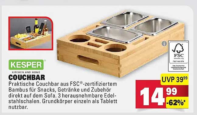 KESPER COUCHBAR Praktische Couchbar aus FSC®-zertifiziertem Bambus für Snacks, Getränke und Zubehör direkt auf dem Sofa. 3 herausnehmbare Edelstahlschalen. Grundkörper einzeln als Tablett nutzbar.
