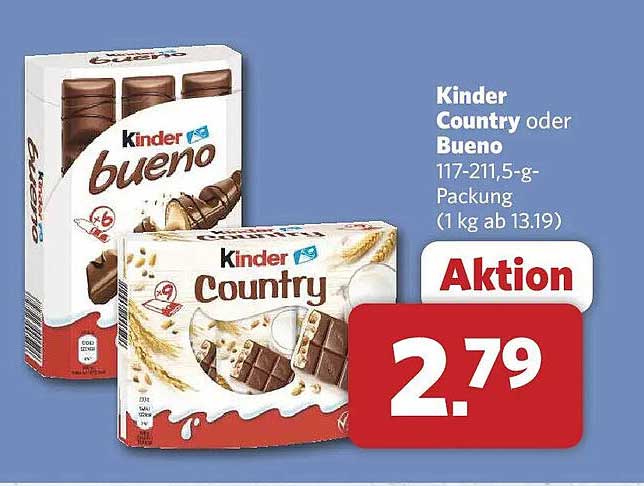 Kinder Country oder Bueno 117-211,5-g-Packung (1 kg ab 13.19)