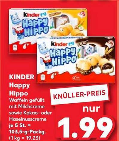 KINDER Happy Hippo Waffeln gefüllt mit Milchcreme sowie Kakao- oder Haselnusscreme je 5 St. = 103,5-g-Packg. (1 kg = 19.23)