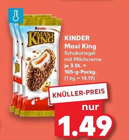 KINDER Maxi King Schokoriegel mit Milchcreme je 3 St. = 105-g-Pack. (1 kg = 14.19)