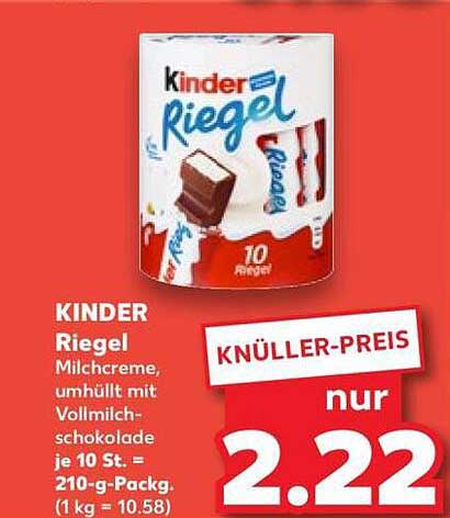 KINDER Riegel Milchcreme, umhüllt mit Vollmilchschokolade je 10 St. = 210-g-Packg. (1 kg = 10.58)
