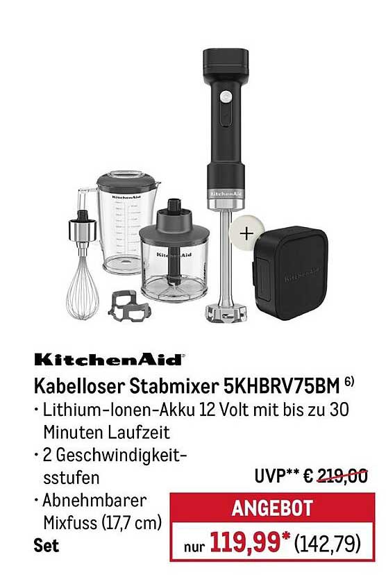 KitchenAid Kabelloser Stabmixer 5KHBRV75BM Set