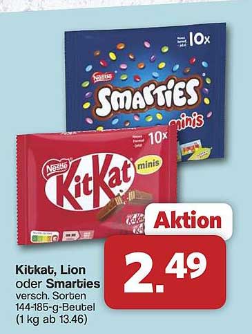 Kitkat, Lion oder Smarties versch. Sorten 144-185-g-Beutel (1 kg ab 13.46)