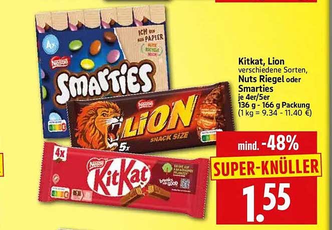 Kitkat, Lion verschiedene Sorten, Nuts Riegel oder Smarties