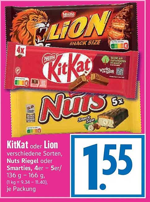 KitKat oder Lion verschiedene Sorten, Nuts Riegel oder Smarties, 4er – 5er/ 136 g – 166 g, je Packung