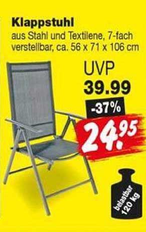 Klappstuhl aus Stahl und Textilene, 7-fach verstellbar, ca. 56 x 71 x 106 cm