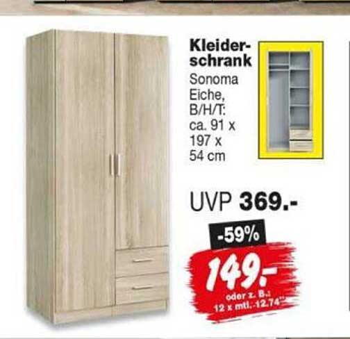 Kleiderschrank Sonoma Eiche, B/H/T: ca. 91 x 197 x 54 cm