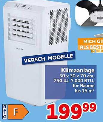 Klimaanlage 30 x 30 x 70 cm, 750 W, 7.000 BTU, für Räume bis 15 m²