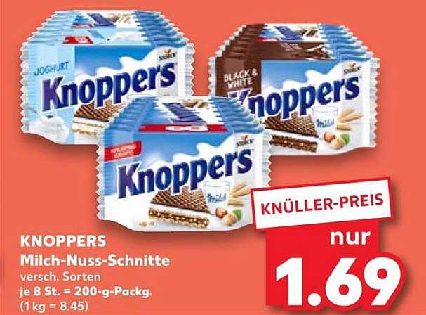 KNOPPERS Milch-Nuss-Schnitte versch. Sorten je 8 St. = 200-g-Packg. (1 kg = 8.45)