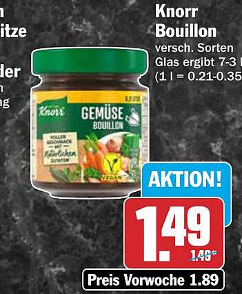 Knorr Bouillon versch. Sorten Glas ergibt 7-3 l (1 l = 0.21-0.35)