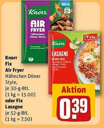 Knorr Fix Air Fryer Hähnchen Döner Style, je 30-g-Btl. (1 kg = 13.00) oder Fix Lasagne je 52-g-Btl. (1 kg = 7.50)