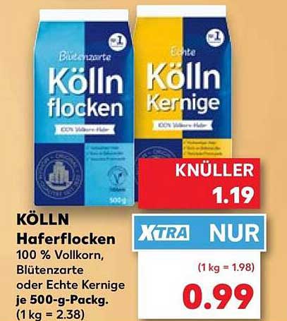 KÖLLN Haferflocken 100 % Vollkorn, Blütenzarte oder Echte Kernige je 500-g-Packg. (1 kg = 2,38)