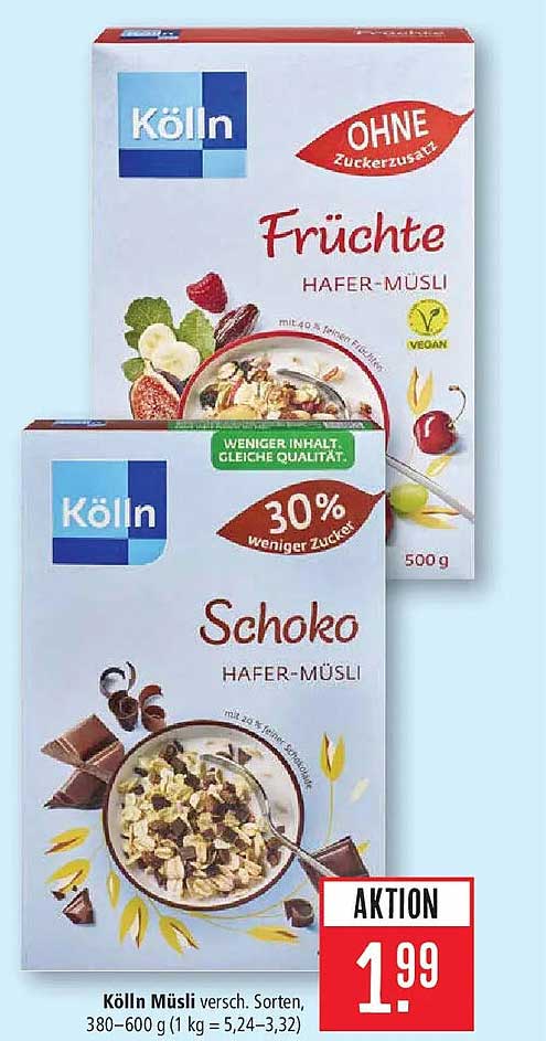 Kölln Müsli versch. Sorten, 380–600 g (1 kg = 5,24–3,32)