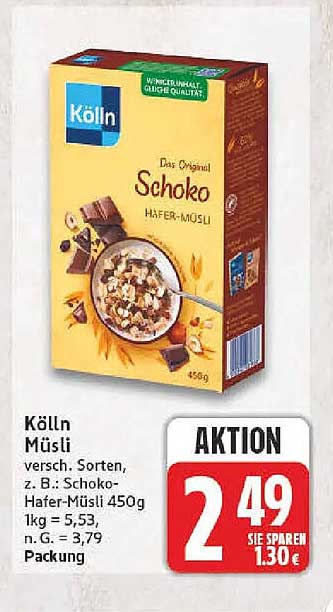 Kölln Müsli versch. Sorten, z. B.: Schoko-Hafer-Müsli 450g 1kg = 5,53, n.G. = 3,79 Packung