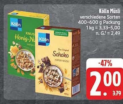 Kölln Müsli verschiedene Sorten 400–600 g Packung 1 kg = 3,33–5,00 n. G. = 2,49