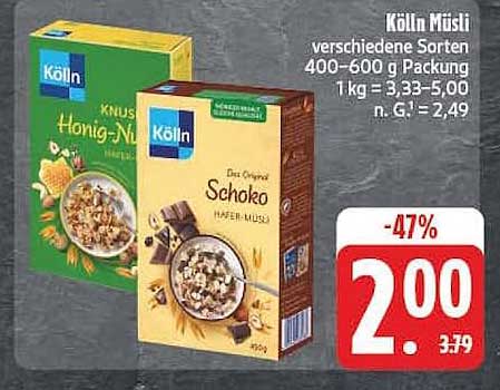 Kölln Müsli verschiedene Sorten 400–600 g Packung 1 kg = 3,33–5,00 n. G. = 2,49