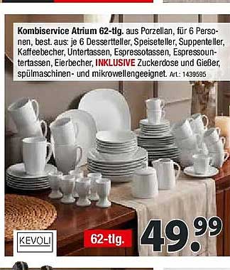 Kombiservice Atrium 62-tlg. aus Porzellan, für 6 Personen, best. aus: je 6 Desserteller, Speiseteller, Suppenteller, Kaffeebecher, Untertassen, Espressotassen, Espressountertassen, Eierbecher, INKLUSIVE Zuckerdose und Gießer, spülmaschinen- und mikrowellg