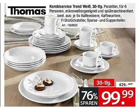 Kombiservice Trend Weiß, 30-tlg. Porzellan, für 6 Personen, mikrowellengeeignet und spülmaschinenfest. best. aus: je 6x Kaffeebeere, Kaffeeunter, Frühstücksteller, Speise- und Suppenteller.