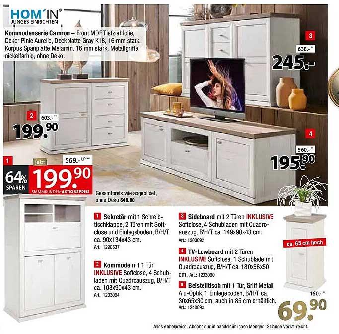 Kommode serie Camron – Front MDF Tiefeinfolie, Dekor Pinie Aurelio, Deckplatte Gray K18, 16 mm stark, Korpus Spanplatte Melamin, 16 mm stark, Metallgriffe nickelfarbig, ohne Deko