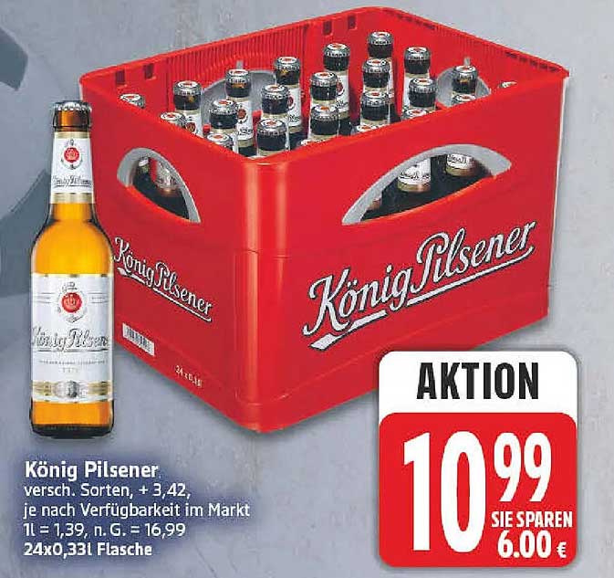 König Pilsener versch. Sorten, + 3,42, je nach Verfügbarkeit im Markt 1 l = 1,39, n. G. = 16,99 24x0,33l Flasche