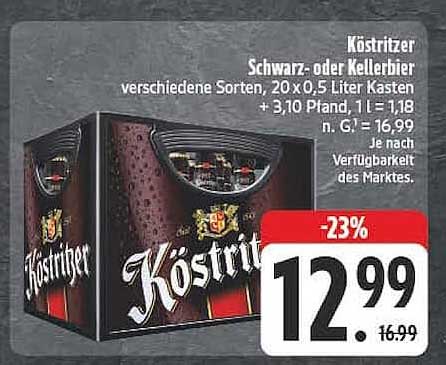 Köstritzer Schwarz- oder Kellerbier verschiedene Sorten, 20 x 0,5 Liter Kasten + 3,10 Pfand, 1 l = 1,18