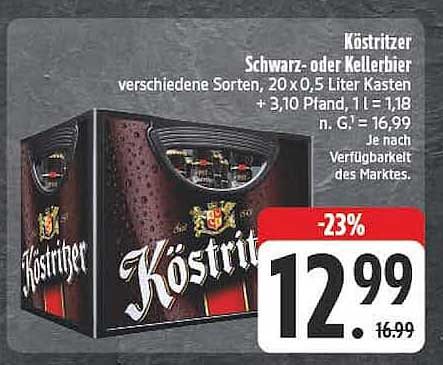 Köstritzer Schwarz- oder Kellerbier verschiedene Sorten, 20 x 0,5 Liter Kasten + 3,10 Pfand, 1 l = 1,18 n. G. = 16,99 Je nach Verfügbarkeit des Marktes.