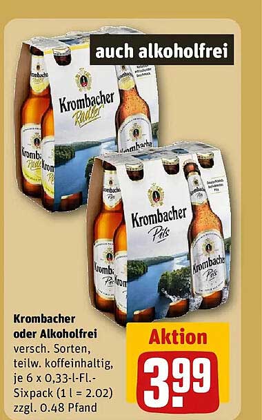 Krombacher oder Alkoholfrei versch. Sorten, teilw. koffeinhaltig, je 6 x 0,33-l-Fl.-Sixpack (1 l = 2.02) zzgl. 0.48 Pfand