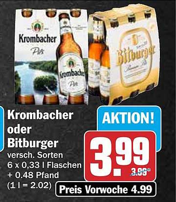 Krombacher oder Bitburger versch. Sorten 6 x 0.33 l Flaschen + 0.48 Pfand (1 l = 2.02)