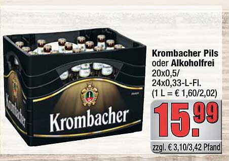 Krombacher Pils oder Alkoholfrei 20x0,5/24x0,33-L-FI. (1 L = € 1,60/2,02)