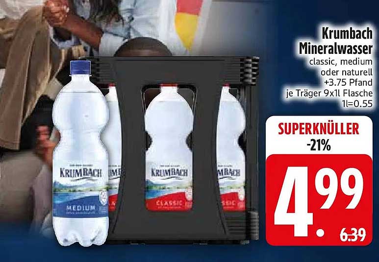 Krumbach Mineralwasser classic, medium oder naturell +3.75 Pfand je Träger 9x1 l Flasche 1l=0.55