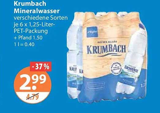 Krumbach Mineralwasser verschiedene Sorten je 6 x 1,25-Liter-PET-Packung + Pfand 1.50 1 l = 0.40