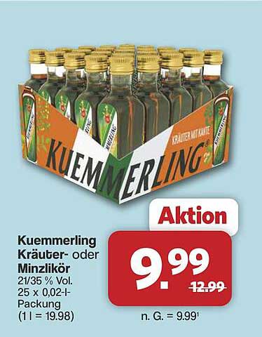 Kuemmerling Kräuter- oder Minzlikör 21/35 % Vol. 25 x 0,02-l Packung