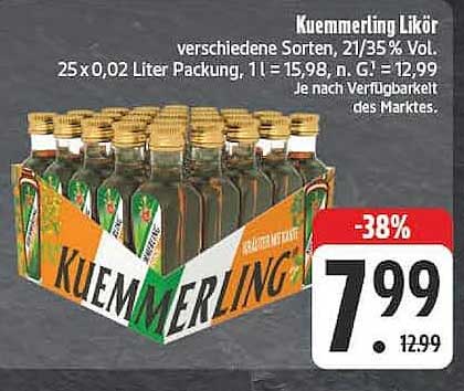 Kuemmerling Likör verschiedene Sorten, 21/35% Vol. 25 x 0,02 Liter Packung, 1 l = 15,98, N. G. = 12,99 je nach Verfügbarkeit des Marktes.