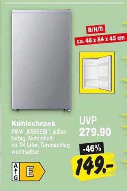 Kühlschrank PKM KS93ESI, silber-farbig, Nutzinhalt ca. 94 Liter, Türanschlag wechselbar