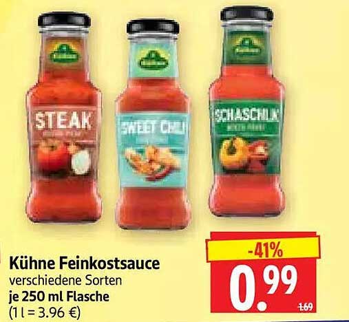Kühne Feinkostsauce verschiedene Sorten je 250 ml Flasche (1 l = 3.96 €)